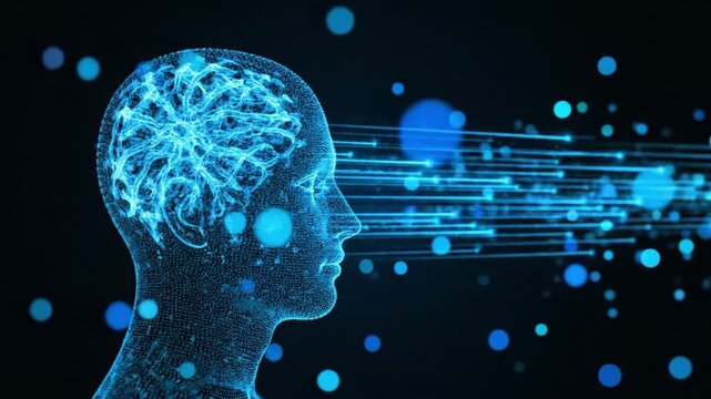 This abstract digital animation showcases a glowing, wireframe silhouette of a human head in profile, featuring a luminous brain or intricate neural network within. Vibrant blue light streams, resembl