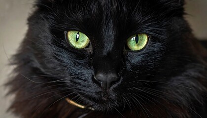 Close-up portrait of a fluffy black cat with striking green eyes.