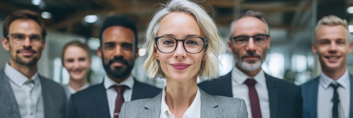 Confident diverse business team stands together proudly in a modern office environment ready for corporate collaboration and leadership success