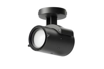 Black spotlight with white lens on circular base for indoor lighting design with illumination