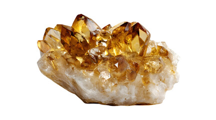 Large cluster of citrine crystals on matrix rock formation with sharp facets and warm golden brown color