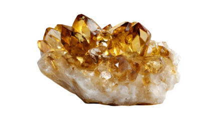 Large cluster of citrine crystals on matrix rock formation with sharp facets and warm golden brown color