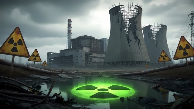 Abandoned nuclear power plant with radiation warning signs.