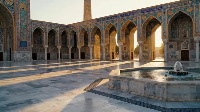 Cinematic pan across marble courtyard of Jameh mosque in Isfahan featuring traditional Persian tiles