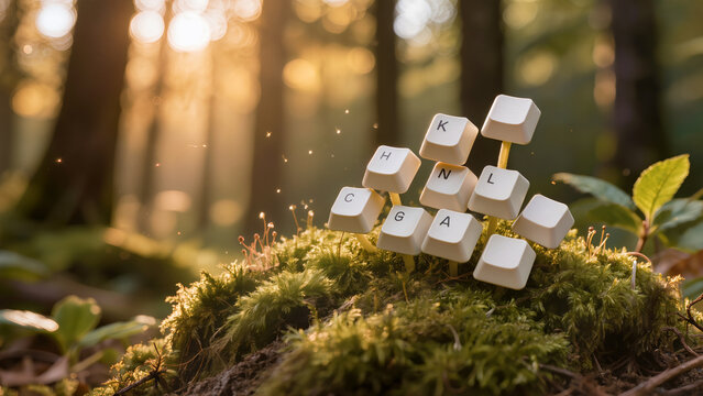Computer keyboard keys with letters growing from moss in forest at golden hour sunlight. Concept of digital language, technology meets nature, and creative innovation
 - Powered by Adobe