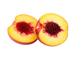 A ripe peach sliced open, showcasing the vibrant colors and detailed texture of the fruit