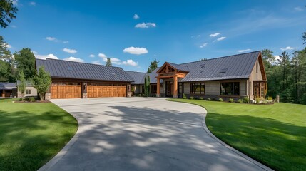 Fototapeta premium Modern Luxury Farmhouse with Spacious Driveway in Sunny Countryside Landscape