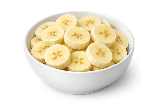 Sliced fresh bananas in a white bowl isolated on white background - Powered by Adobe