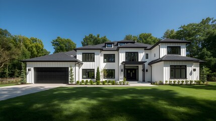 Modern Luxury Mansion Exterior with Pristine Landscaping Under Clear Blue Sky