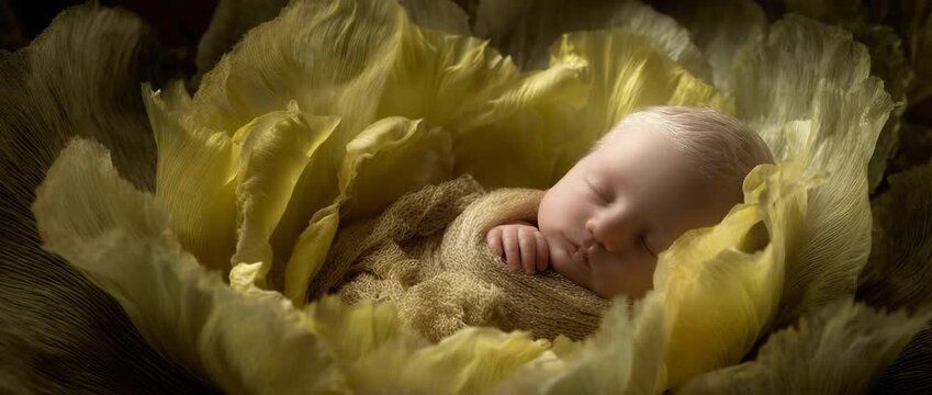 Newborn baby sleeping in flower, new life, purity, innocence, and the gentle beauty of infancy blended with nature.