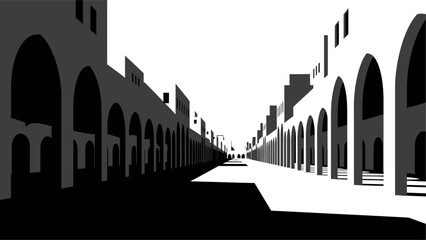 Minimalist vector illustration of a long street lined with traditional Middle Eastern buildings featuring tall arched doorways and geometric architectural shapes. © rohati