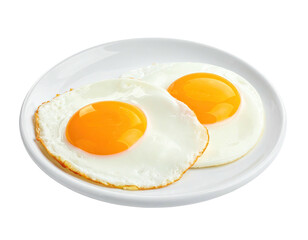 Two sunny-side-up eggs with vibrant yellow yolks served on a white circular plate