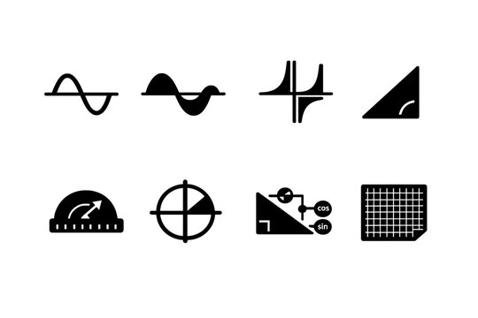  Trigonometry. Filled icon set of Trigonometry: sine wave, cosine wave, tangent graph, right