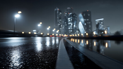 Futuristic city skyline at night with wet asphalt road, glowing street lights, and modern illuminated skyscrapers.