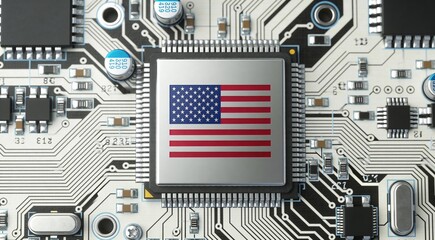 Closeup of American Flag on Central Processing Unit, Modern Semiconductor Technology Concept