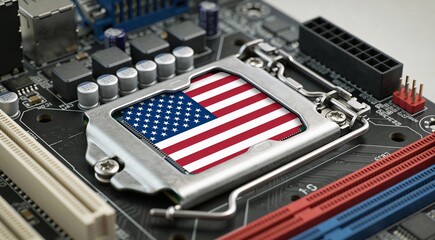 USA Flag on CPU Processor Mounted on Motherboard, Symbol of American Tech Industry