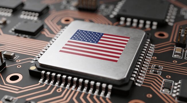 Macro Shot of CPU with USA Flag Design, Representing U.S. Semiconductor Manufacturing