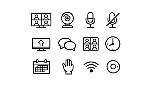  Virtual Meetings. Line outline icon set of virtual meetings: video conference screen, webcam