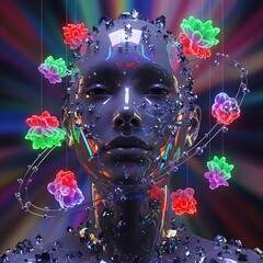 Surreal portrait with glossy skin, crystal reflections, floating organic elements, vibrant color palette, immersive visual experience