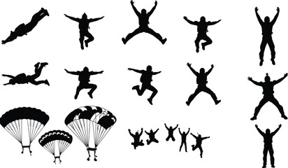 Collection of skydiver silhouettes, various paragliding and parachuting poses, extreme sport jumpers, and freefall icons on white background, black vector. © Shahajan