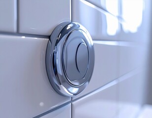 Close up of a modern chrome dual flush button on a white tiled wall. Minimalist bathroom interior design and sanitary hardware.