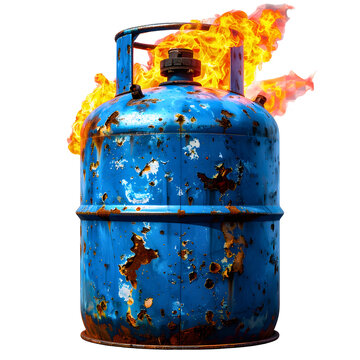Old blue gas cylinder engulfed in bright orange flames against black