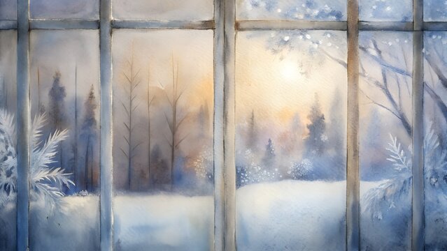 Frosted Windowpane Revealing Snowy Forest Landscape at Sunrise Warm Golden Light and Cool Blue Tones