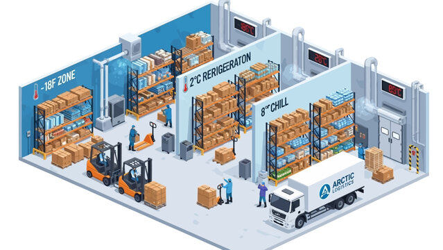 Isometric illustration of a modern cold storage warehouse with different temperature zones for refrigeration and freezing, showing logistics and inventory management.