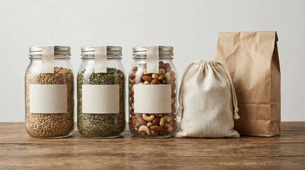 Eco friendly pantry items on wooden surface with glass jars and cotton bag, sustainable food