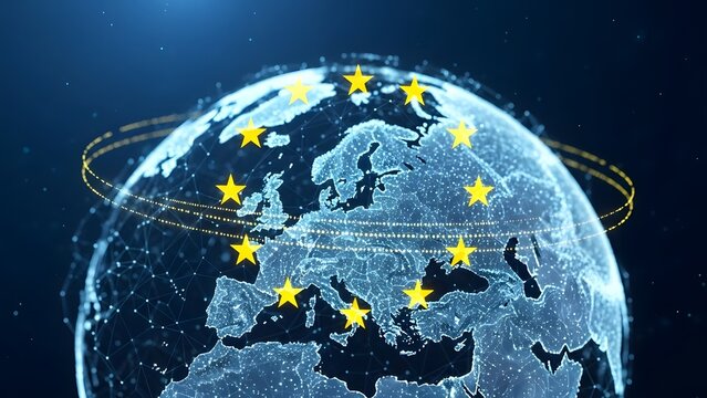 An abstract representation of the Earth with the European Union (EU) flag overlaid on it. The image showcases the EU's presence and influence around the world