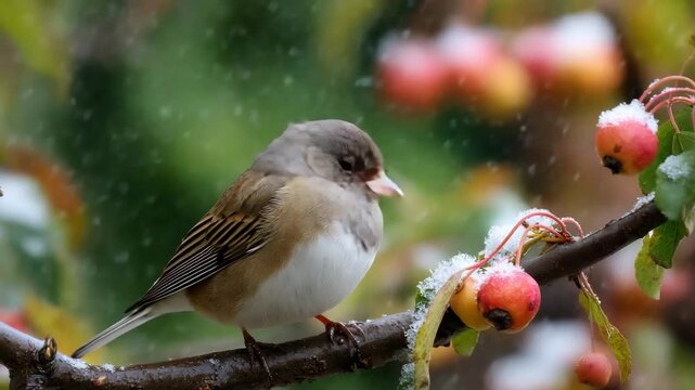Dark-eyed junco perched on snowy branch with apples