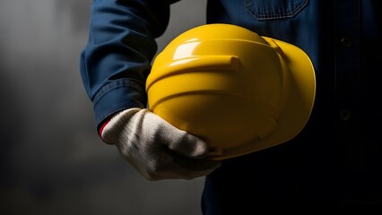 A construction worker's hand holding a bright yellow hard hat, representing safety and protection on the job. The lighting casts a dramatic shadow, emphasizing the helmet's form