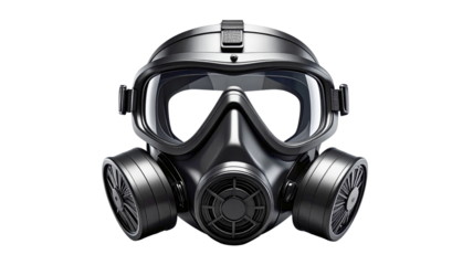 Dark grey gas mask with dual filters. Essential personal protective equipment (PPE) for chemical safety, hazardous gases, dust, and air pollution. Represents concepts of protection, transparent