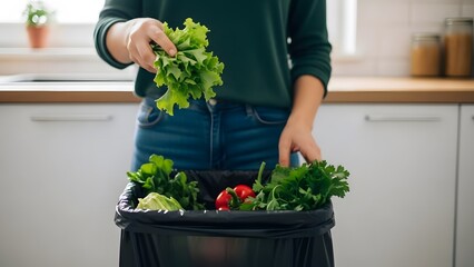Woman putting fresh produce into a compost bin in a kitchen, representing waste disposal and recycling