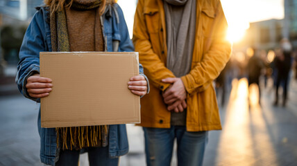Couple with a blank cardboard sign stand amidst a bustling urban setting, bathed in warm sunlight, expressing unity and raising awareness.