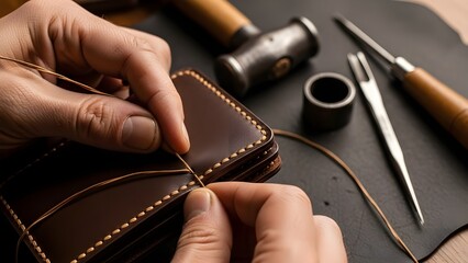 Close-up of a craftsman's hands stitching a handmade brown leather wallet with needle and thread, traditional leatherworking and artisan craft concept.