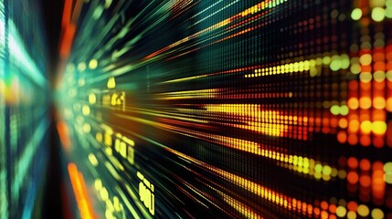 A digital screen displaying a colorful, abstract pattern of light and data.