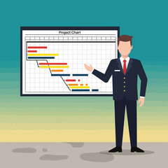 Fototapeta premium Businessman standing next to a large projection screen displaying a detailed project chart illustrating various task dependencies and timelines for efficient workflow management.