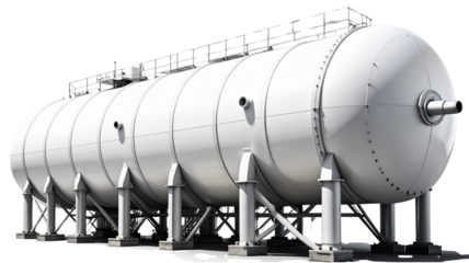 Large horizontal pressure vessel for industrial gas storage isolated on a transparent background