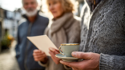 Fototapeta premium A man holds a teacup while two people review a document. Casual urban setting with relaxed interactions on a bright sunny day.