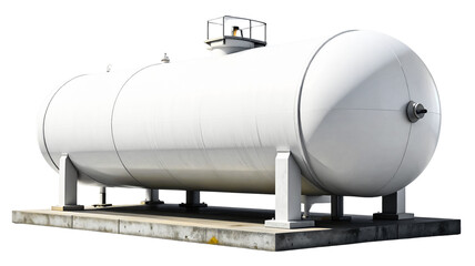 A long, cylindrical, white air tank rests on a gray base. It features two small mounting brackets on either end and four smaller feet. The tank appears smooth and is shown from a side profile