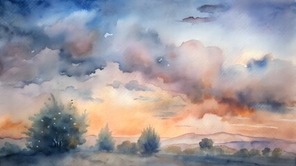 Fototapeta premium Watercolor Sunset Sky Over Hilly Landscape with Soft Clouds and Silhouetted Trees