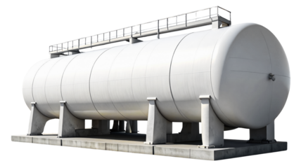 A long, cylindrical, white air tank rests on a gray base. It features two small mounting brackets on either end and four smaller feet. The tank appears smooth and is shown from a side profile