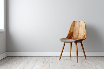 Single wooden chair with grey cushion stands in an empty room.