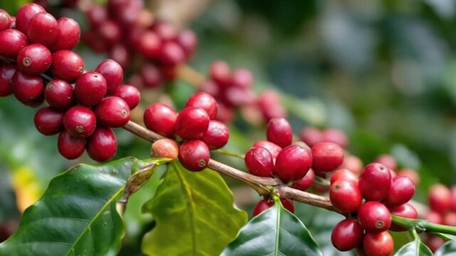 This macro shot captures a close-up of vibrant, ripe red coffee berries flourishing on a lush green branch within a tropical plantation. The rich, glossy crimson fruits stand out beautifully against t