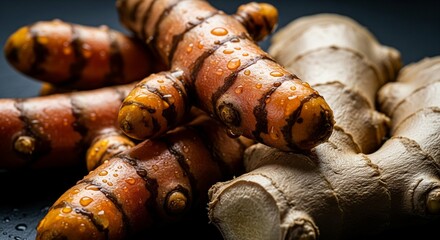 Fresh turmeric and ginger roots on a dark background