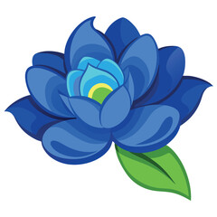 Fototapeta premium A bright blue cartoon flower with layered petals, a yellow center, two blue leaves, and a small blue bud on a curved green stem