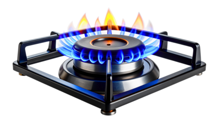 Kitchen gas stove burner with blue flame isolated for cooking, heating, appliance, energy, flame, domestic, efficient, reliable, and household.