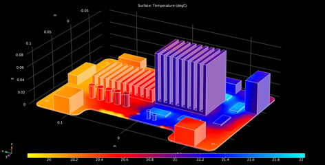 Computer 3d modeling of temperature distribution  on surface of printed circuit board of electronic device and pcb components (capacitor, integrated circuit, radiator), conductors.  Thermal analysis. © TKalinovskaya