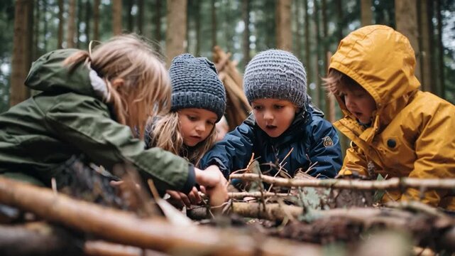 Children Playing at Forest School Nature Club During Outdoor Lesson